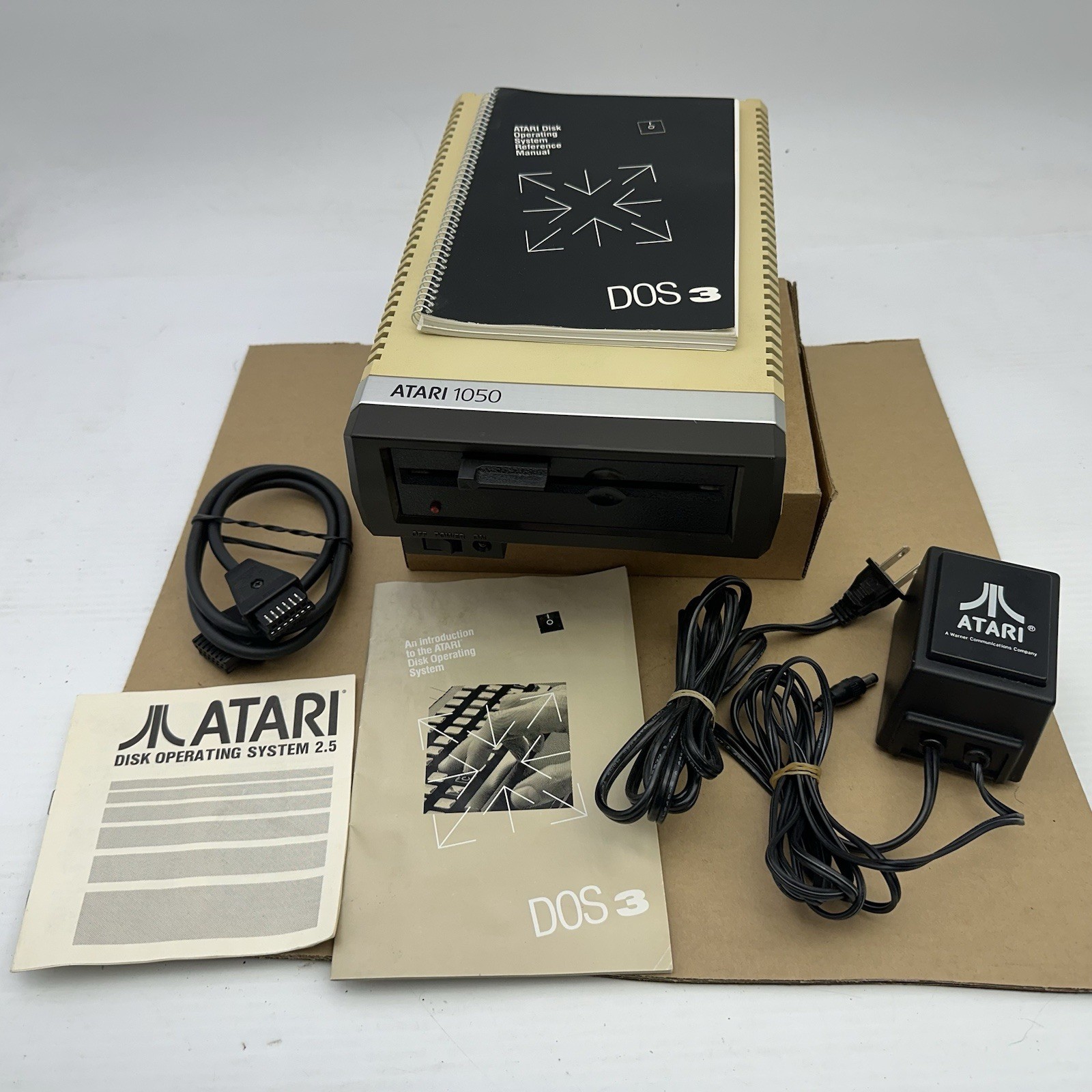 Atari 1050 Floppy Disk Drive - Powers On, Untested + Power Supply DOS3 Book