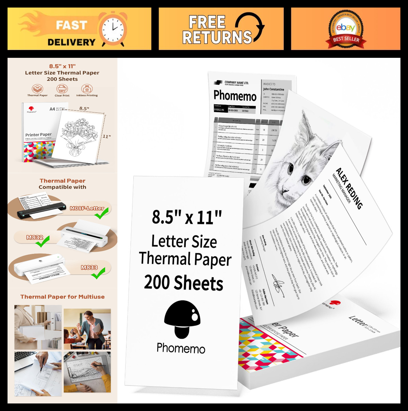 US Letter Thermal Printer Paper - 200 Sheets, 8.5x11", Compatible with M08F, M83