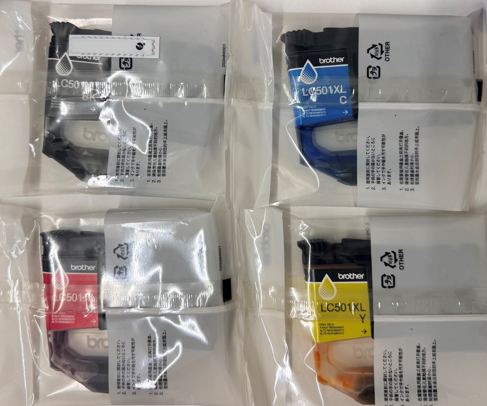 New Genuine Brother LC501XL Black Cyan Magenta Yellow 4PK Ink Cartridges