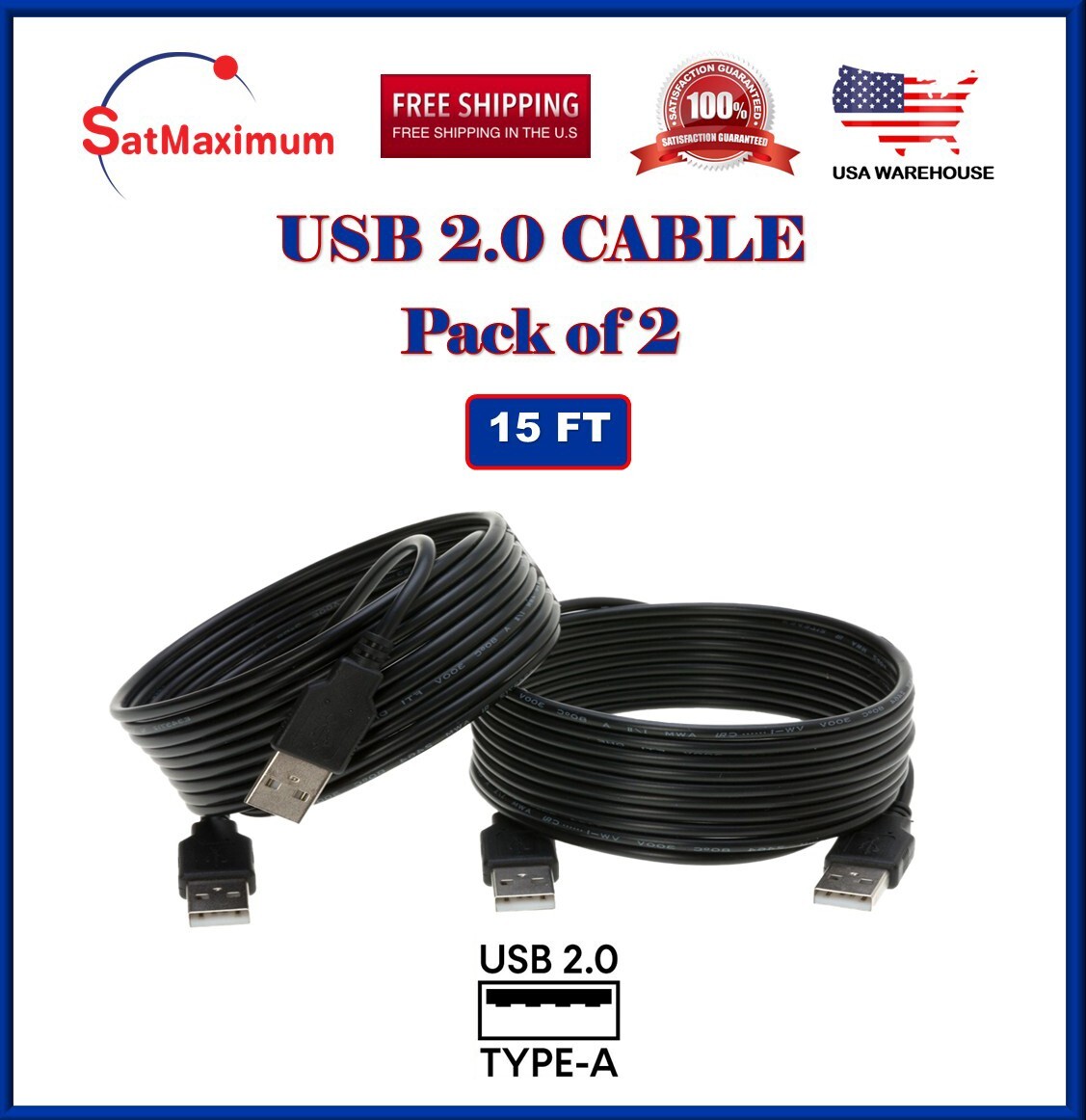 2-Pack – 15FT USB 2.0 Cable A-Male/A-Male High-Speed Data Transfer/Charging Cord