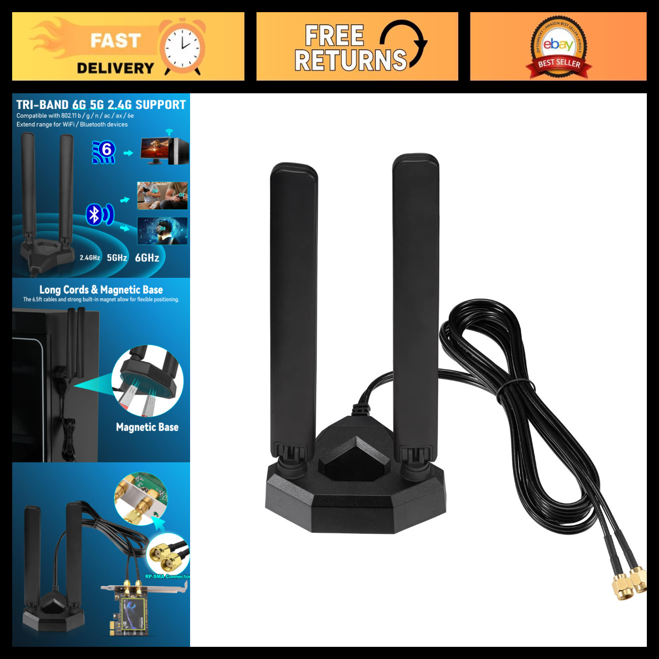 Tri-Band WiFi 6E Antenna 6GHz 5GHz 2.4GHz High-Speed Gaming Signal Booster