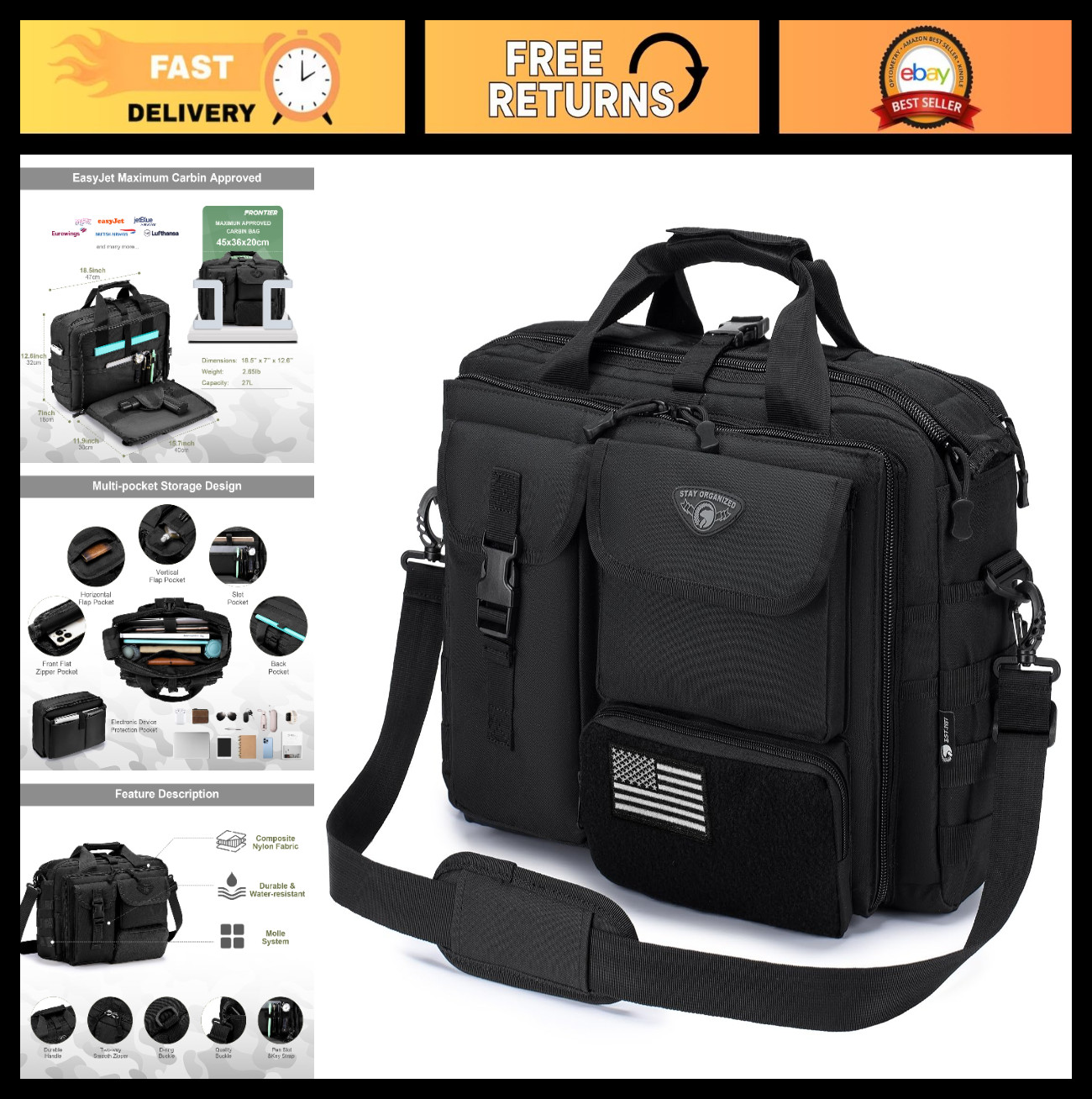 Tactical Messenger Bag for Men - Military Briefcase, Laptop Bag 14"/15.6"/17.3