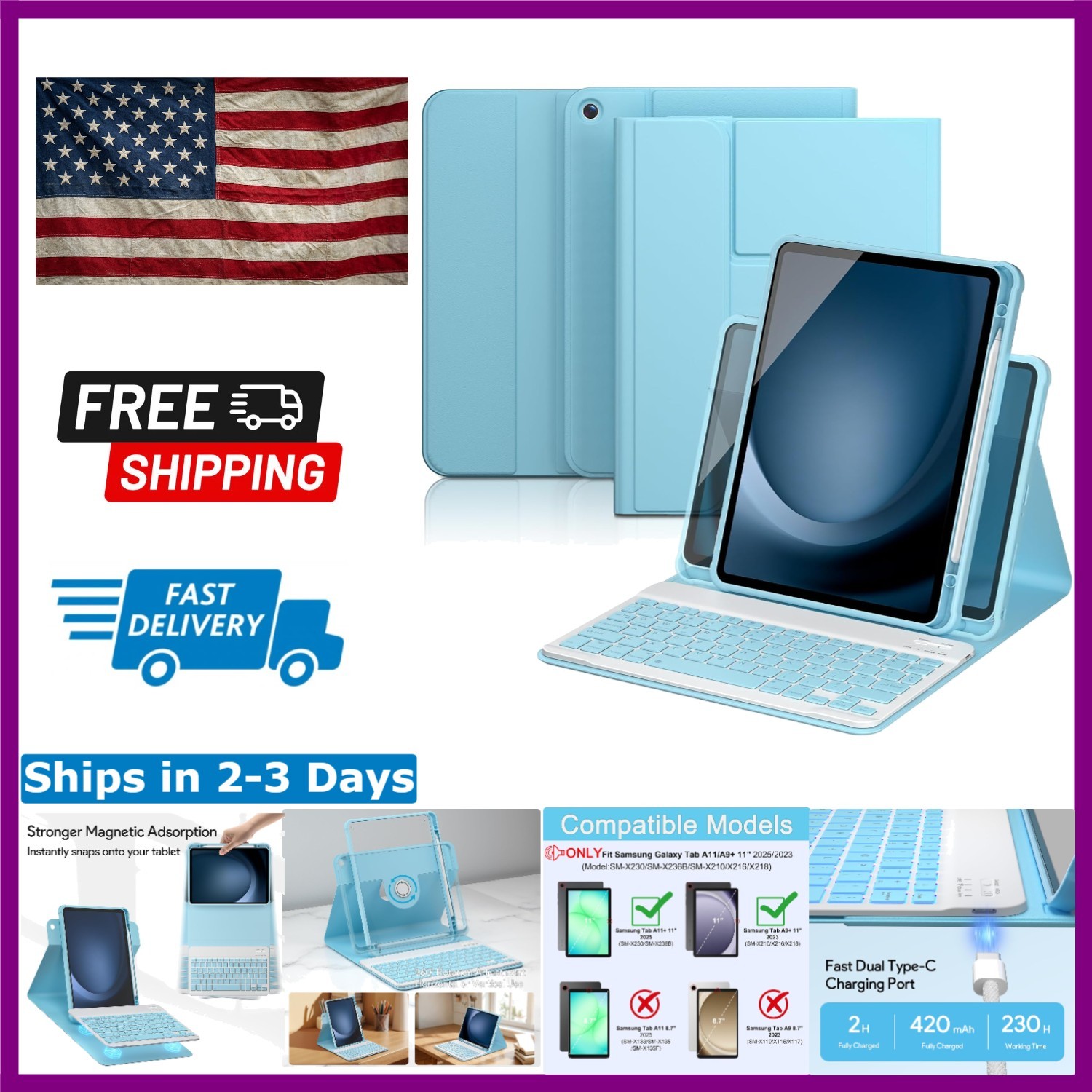 Versatile 360° Magnetic Keyboard Case with RGB Backlight for Galaxy Tab A9 Plus