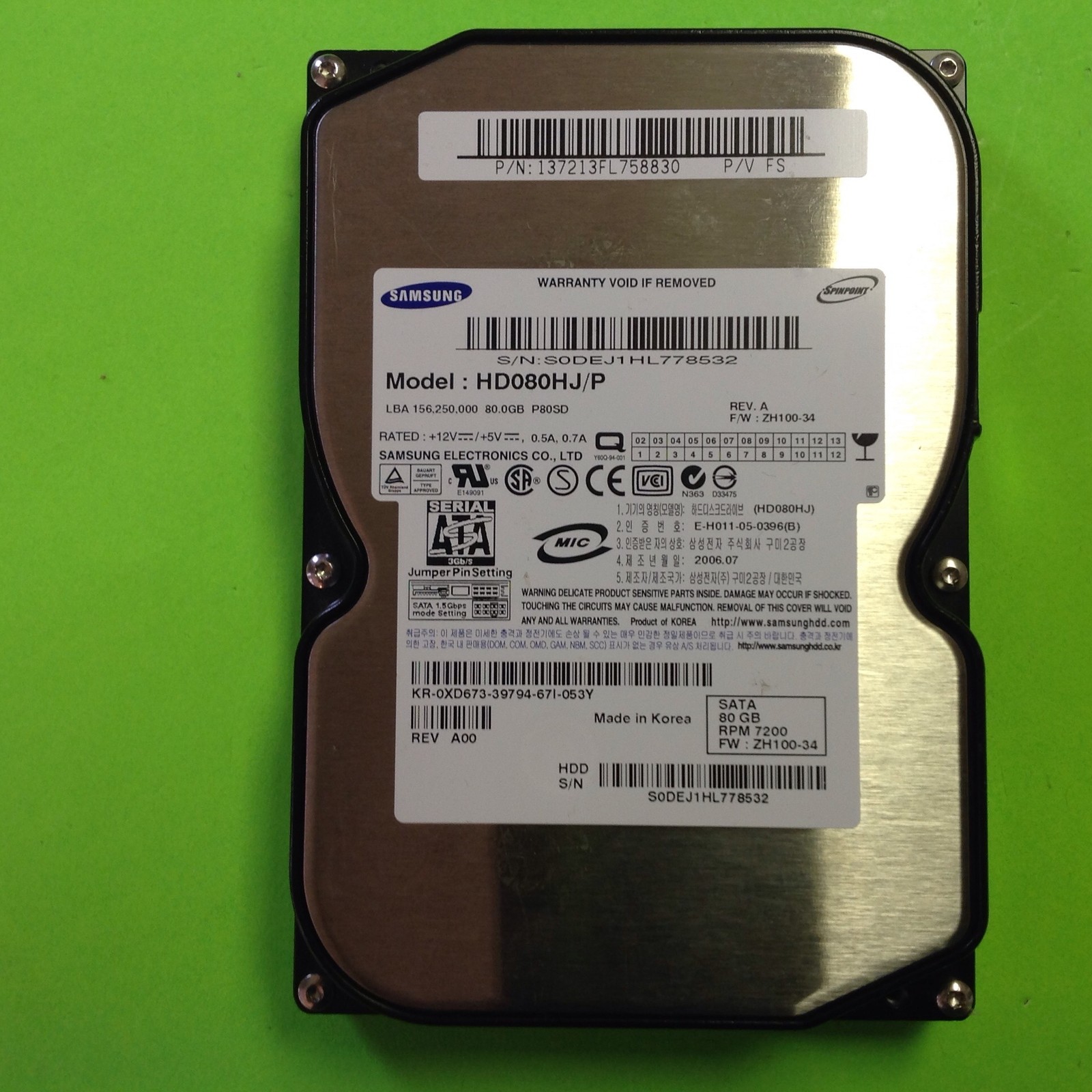 PC Dell Samsung HD080HJ/P CN-0XD673 0XD673 80GB SATA RPM 7200 3.5" SATA Hard
