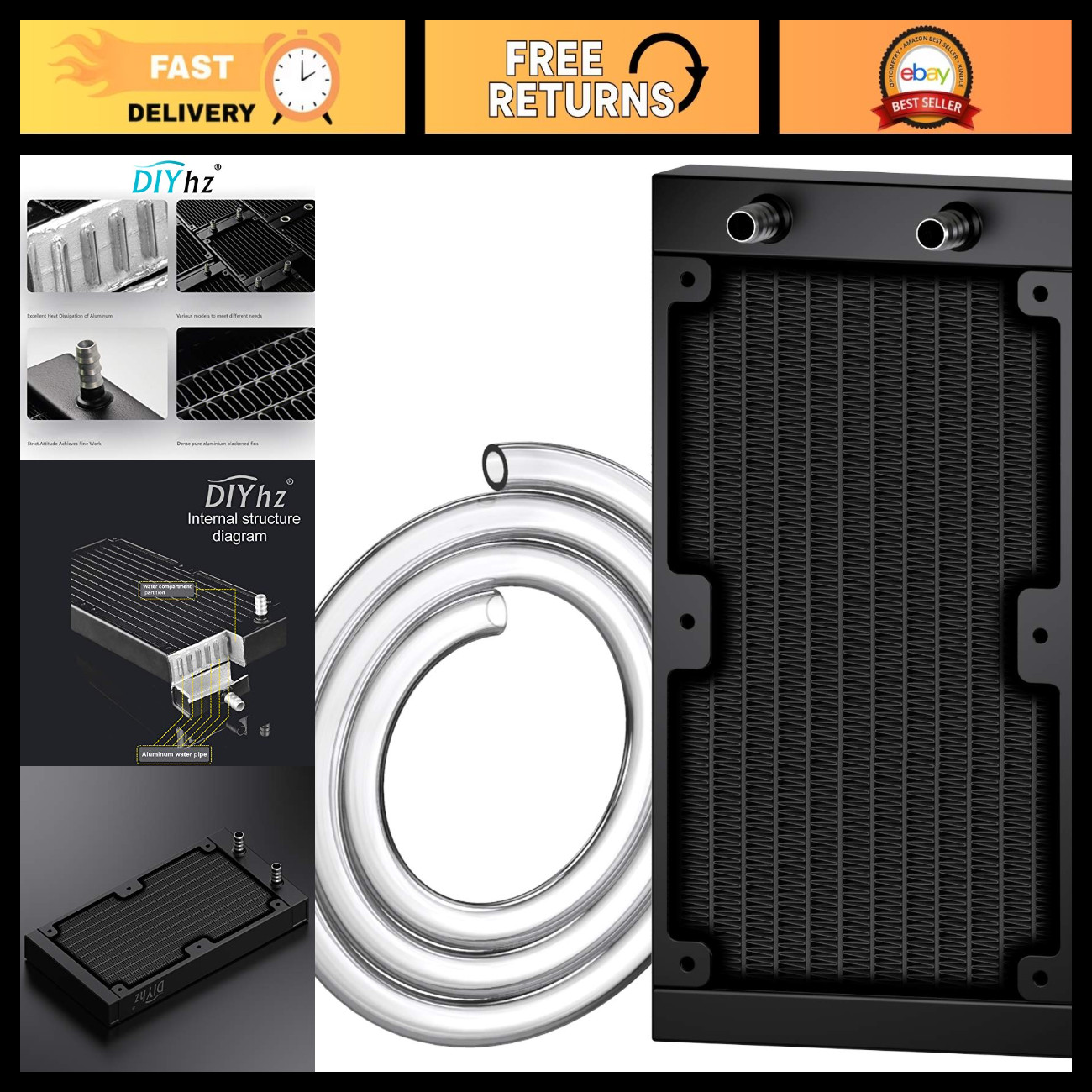 240mm Aluminum CPU Water Cooling Radiator, 12 Pipe, 120mm Fanless, DC12V Black