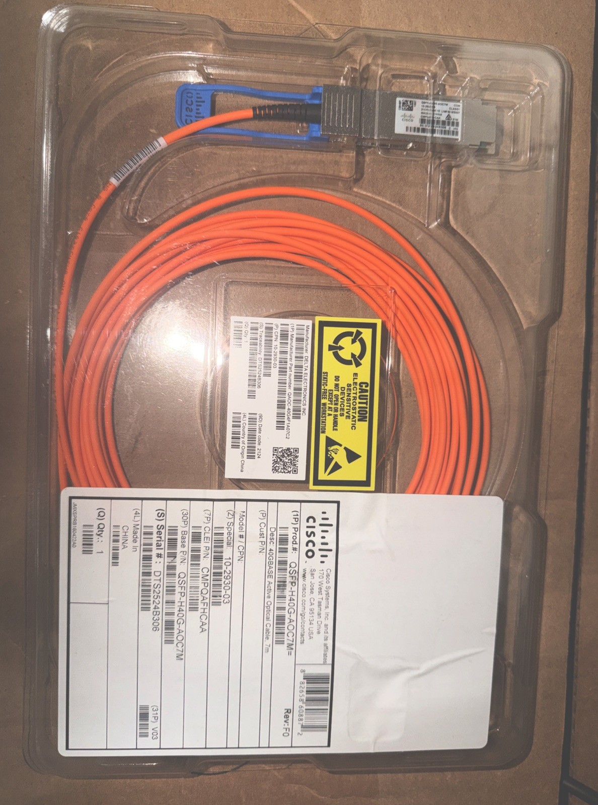 Genuine Cisco QSFP-H40G-AOC7M Fiber Cable 7 meters with Hologram in clamshell