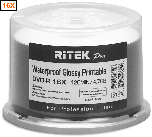100-Pak RITEK PRO Waterproof GLOSSY White Inkjet Hub 16X 4.7GB DVD-R's