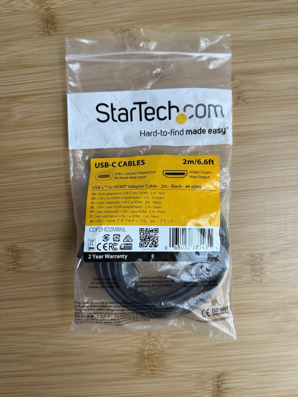 StarTech 2 m [6 ft.] USB-C to HDMI Cable - 4K at 60 Hz - Black (cdp2hd2mbnl)