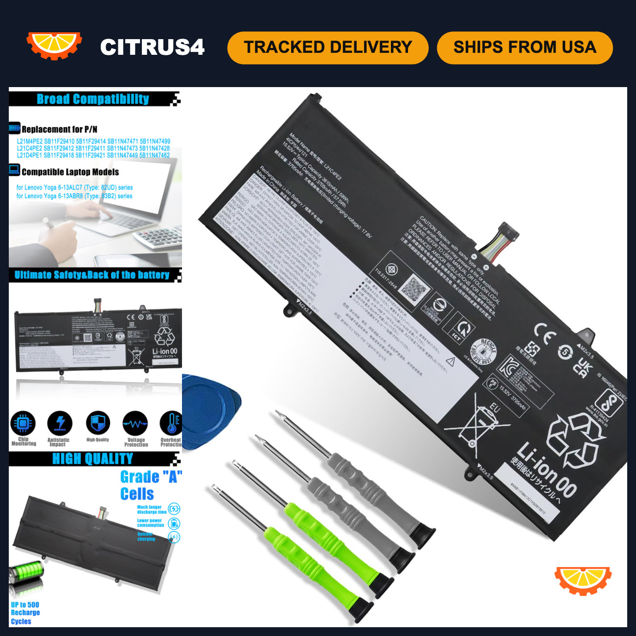 High-Capacity Laptop Battery Replacement for Lenovo Yoga 6-13ABR8, 15.52V 59Wh
