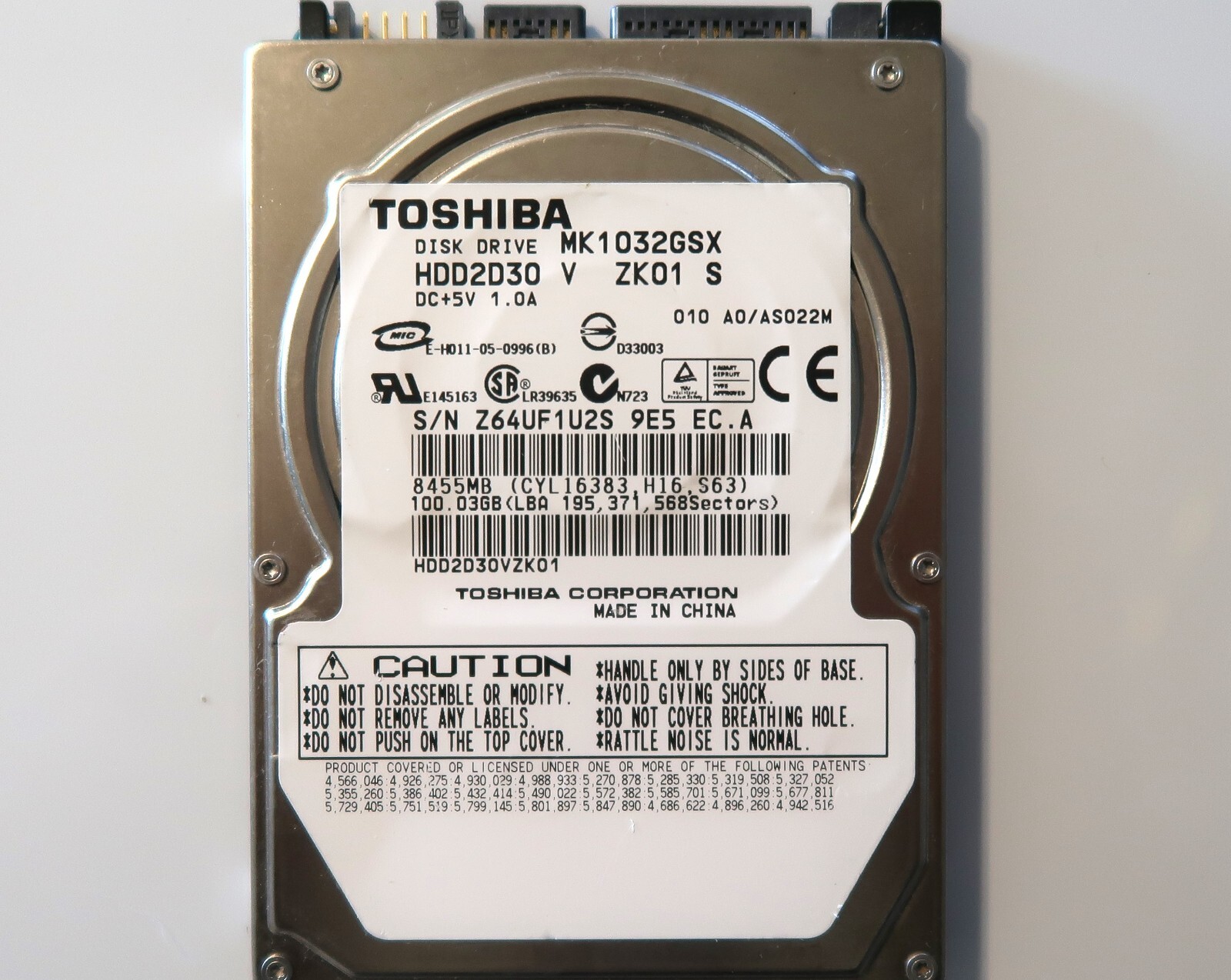 Toshiba MK1032GSX (HDD2D30 V ZK01 S) 010 A0/AS022M 100gb 2.5" Sata HDD China