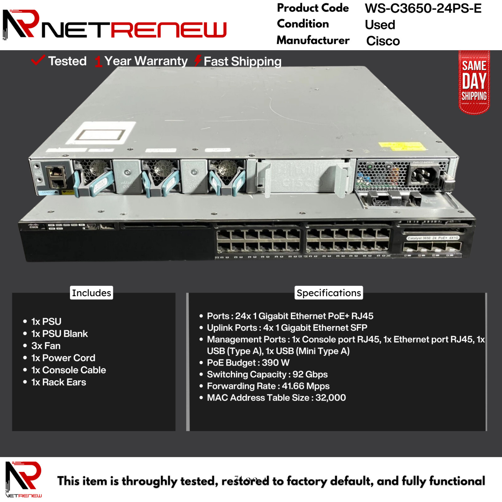 Cisco Catalyst WS-C3650-24PS-E 24-Port PoE+ Switch 4x1G Uplinks
