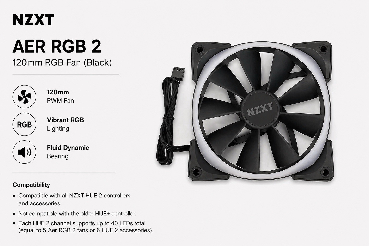 NZXT AER RGB 2 RGB Fluid Dynamic Bearing PWM 120mm Fan (Black)  | Ships from USA