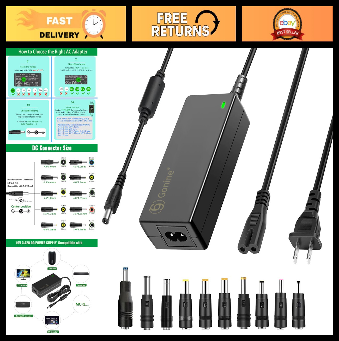 DC 19V 3.42A Power Supply, 19 V AC Adapter, 19 Volt Laptop Charger