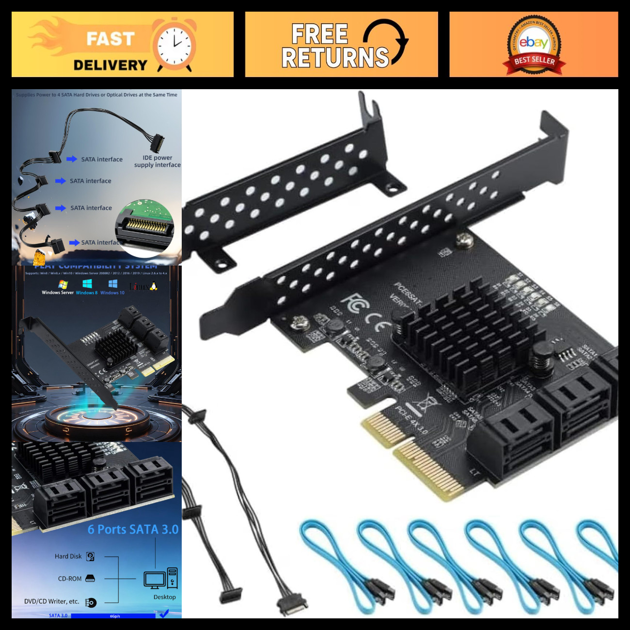 6-Port SATA 3.0 Expansion Card PCIe X4 Interface for Enhanced Storage Solutions