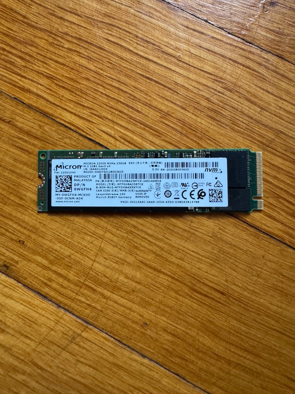 Micron 2200S 256GB M.2 2280 NVMe PCIe SSD, Dell Part # 0WGFH4. Health 90%