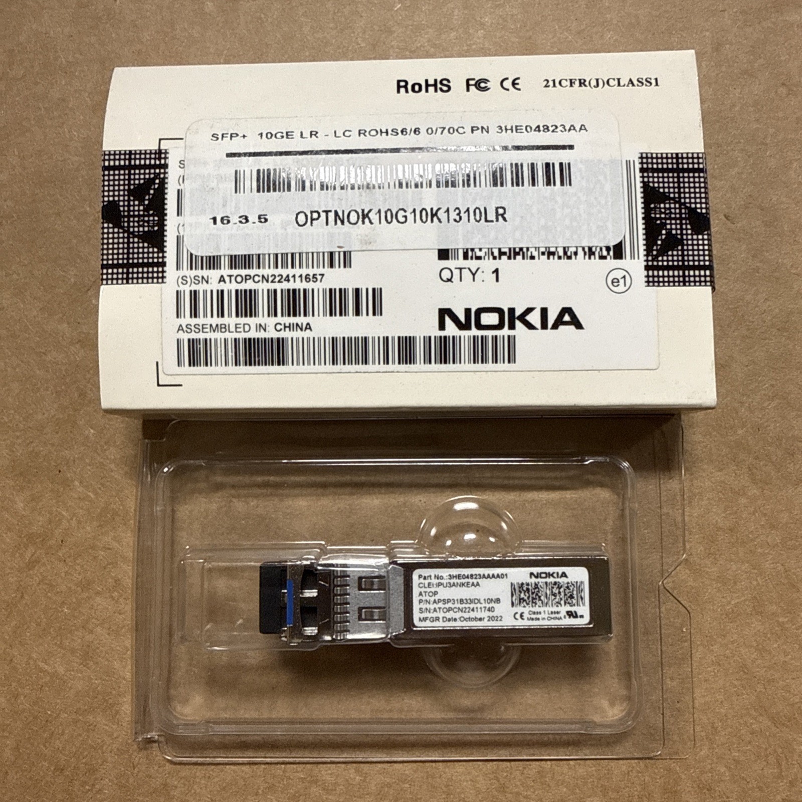 Nokia SFP+ LR LC 10GE 10K 1310LR PN:3HE04823AAAA01