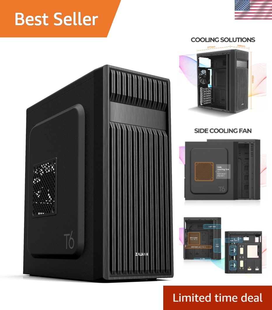 Durable and Stylish T6 ATX Case - Built-In Cooling, Powder Coated, Black Finish