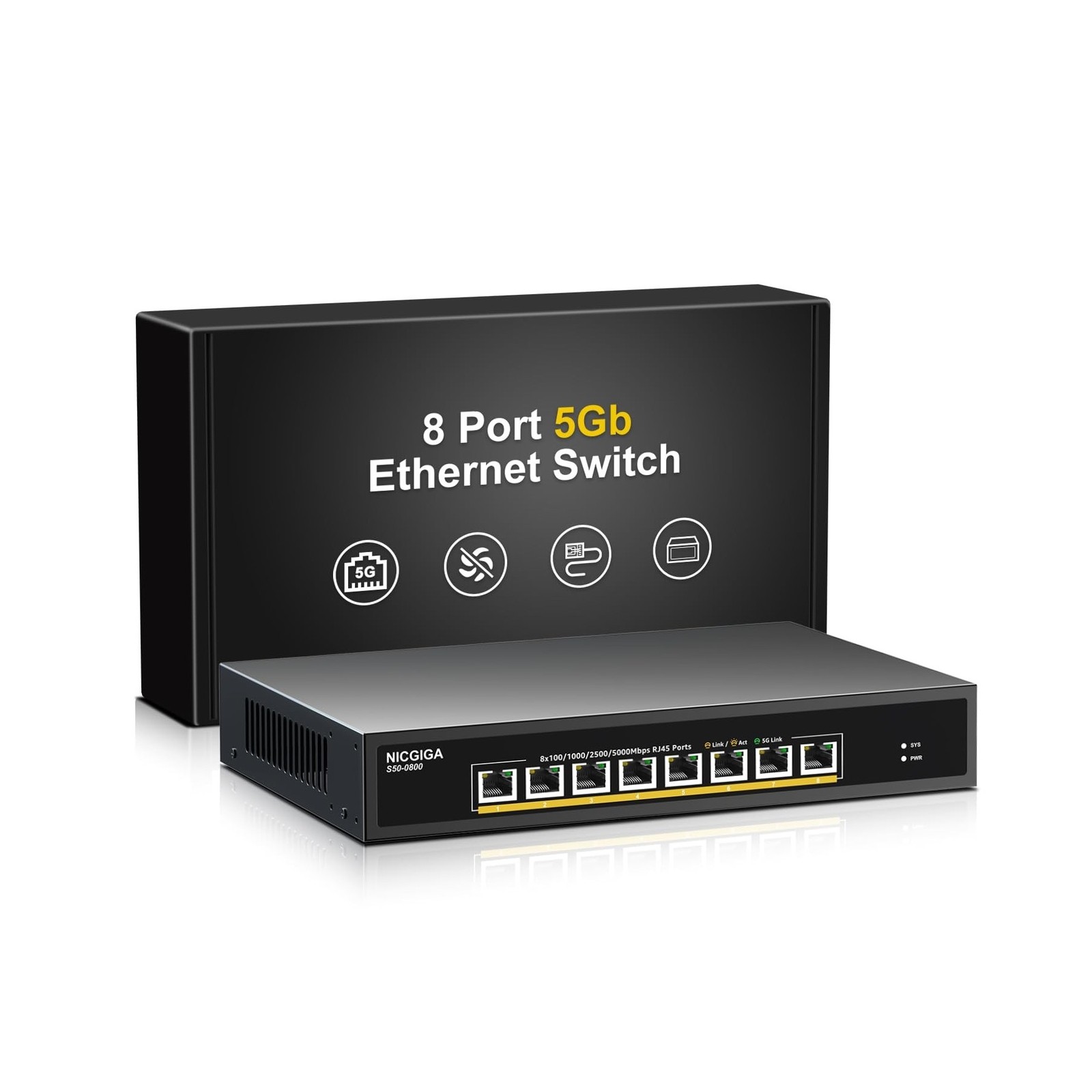 8 Port 5G Ethernet Switch Unmanaged,with 8X 5Gb Base-T Ports, NICGIGA 5Gbps N...