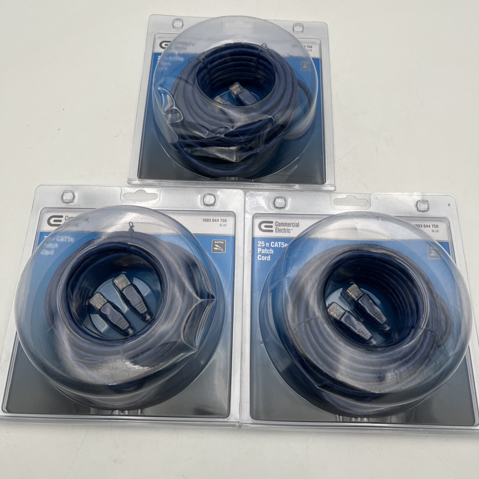 NEW 3 Pack Commercial Electric 25ft CAT5e Patch Cord RJ45 Blue - 1003 044 750