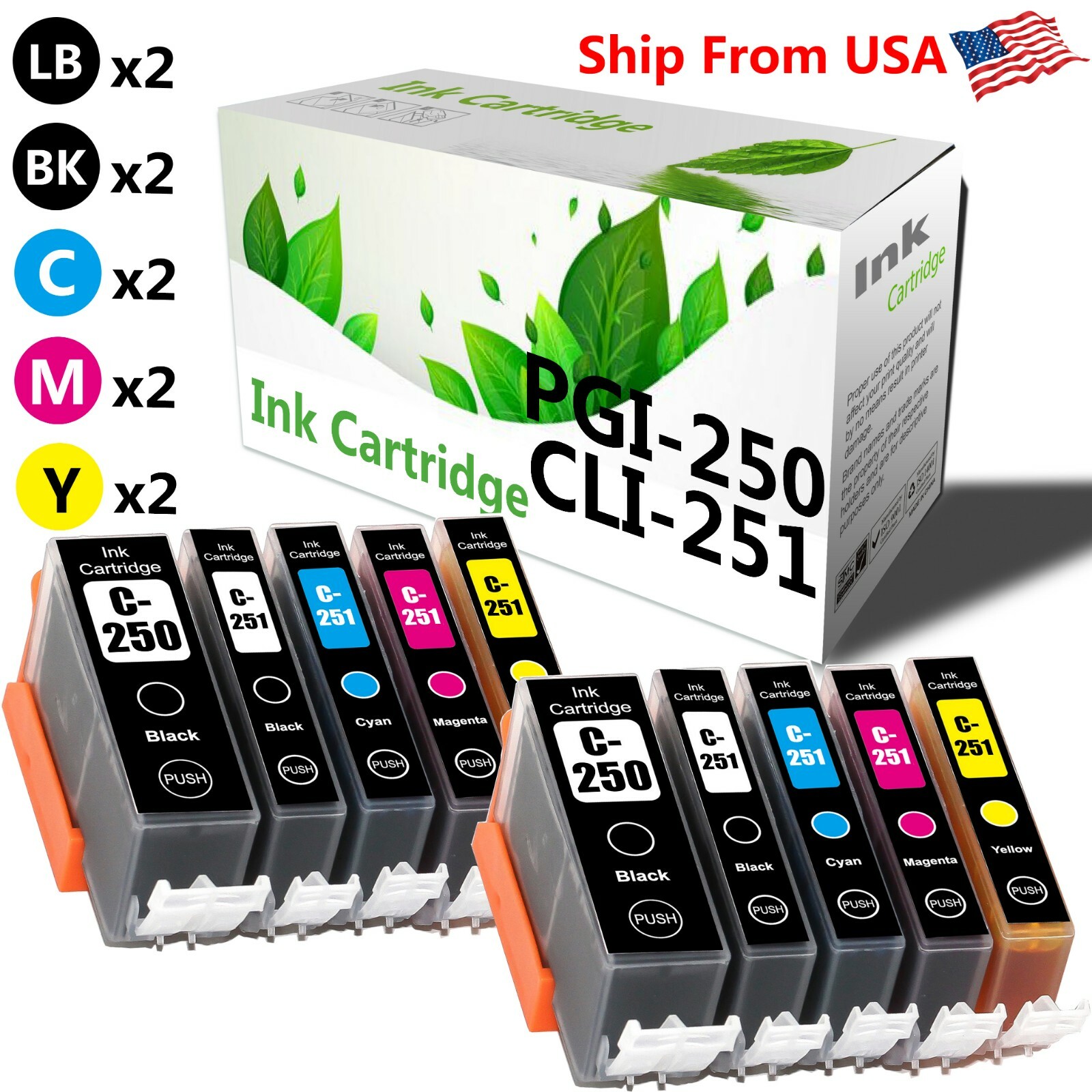 10-Pack PGI250XL CLI251XLBCYM ink Cartridge for PIXMA MX722 MG5420 Printer