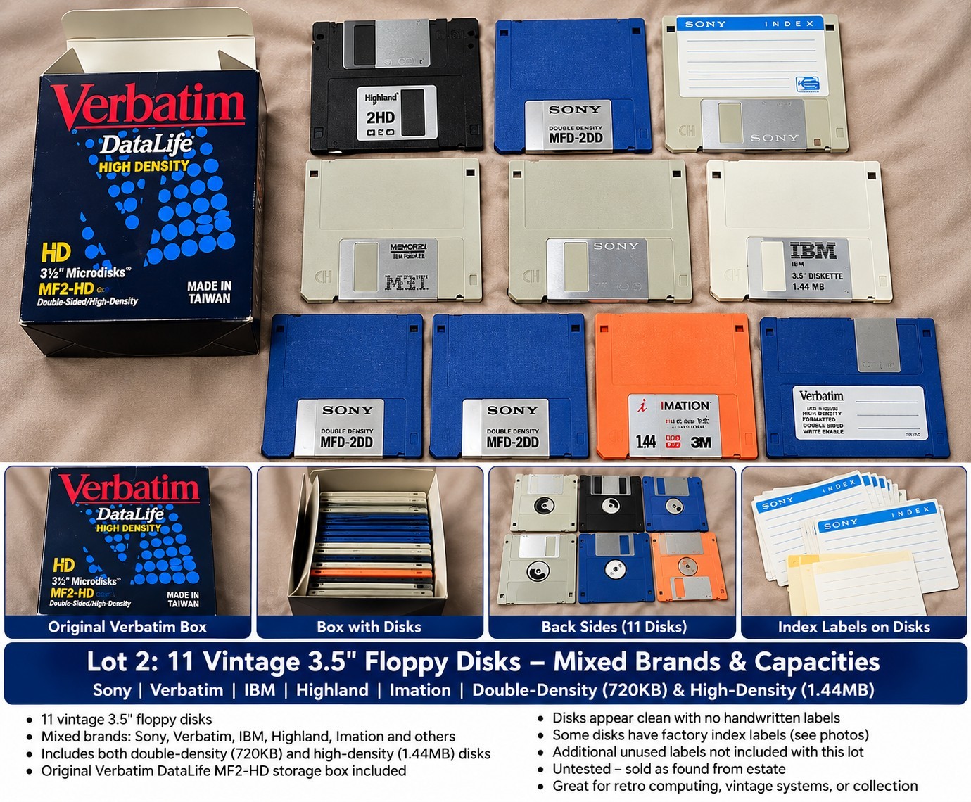 11 Vintage 3.5" Floppy Disks Sony Verbatim IBM 720KB DD 1.44MB HD + Box