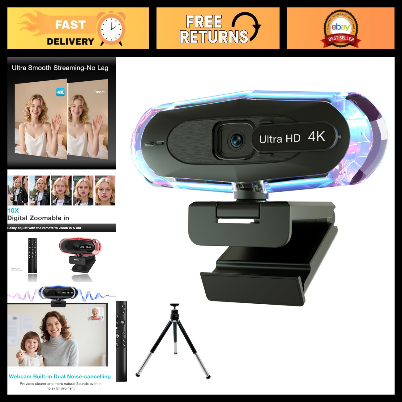 4K Streaming Webcam with Remote Control, RGB Light, Autofocus for Zoom/Skype/PC/