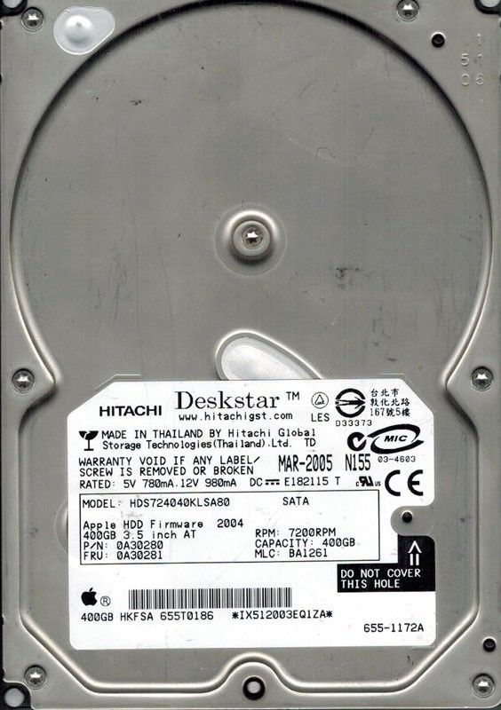 Hitachi HDS724040KLSA80 P/N: 0A30280 MLC: BA1261 MAC 655-1172A 400GB