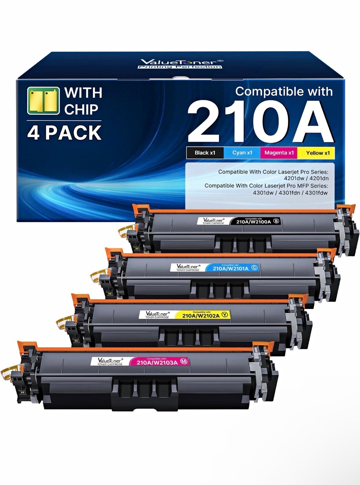 ValueToner 210A 4-Pack BK/C/M/Y w/ Chip W2100A-03A for HP 4201/4301