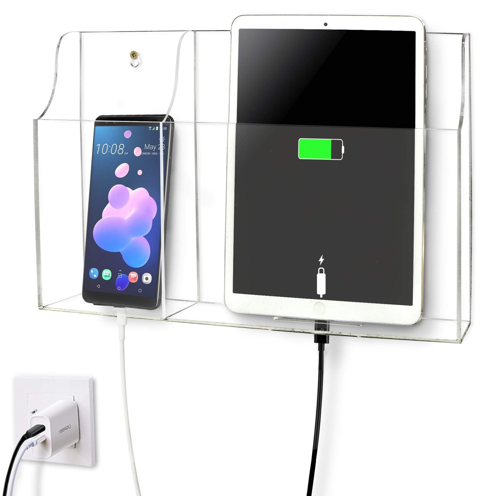 Clear Acrylic Wall Mount Tablet & Phone Charging Stand Dual Compartment