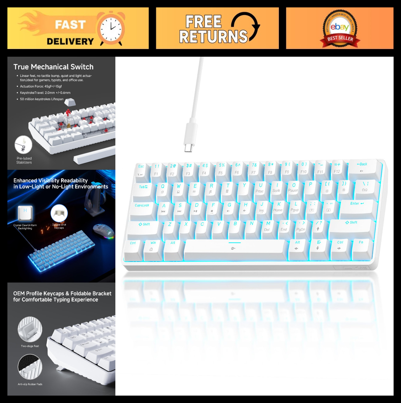 TMKB 60% Mechanical Gaming Keyboard, Red Linear Switch, Wired, White