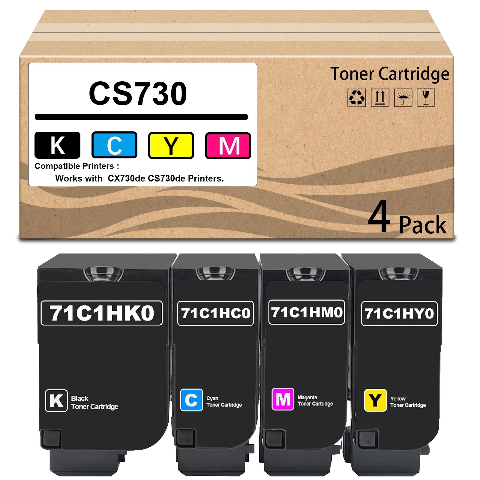 4 Pack CS730 Toner Cartridge 71C1HK0 71C1HC0 71C1HY0 71C1HM0 Compatible for
