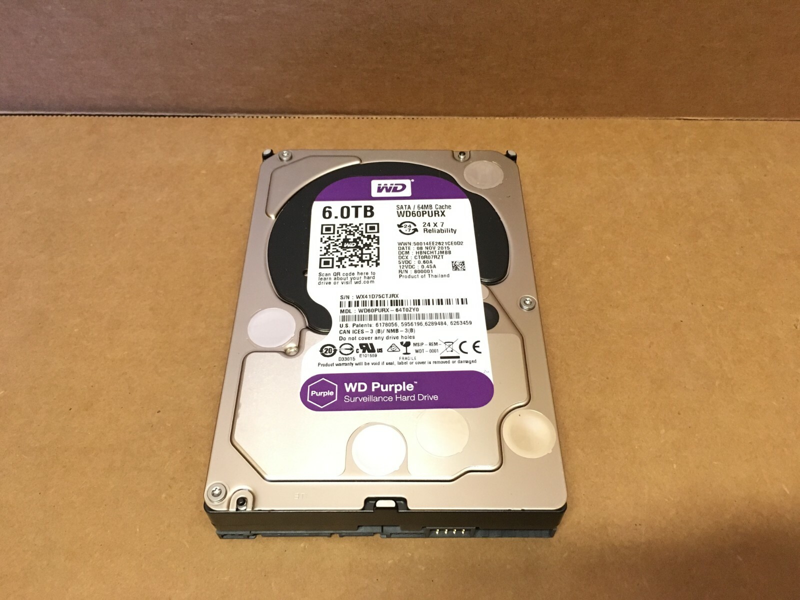 Western Digital WD60PURX-64T0ZY0 NOV 2015 WXA1D 6TB SATA 3.5 HDD, DCM:HBNCHTJMBB