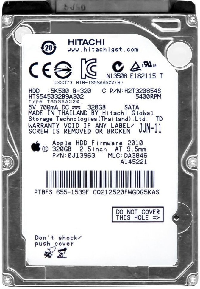 HITACHI TRAVELSTAR 5K500.B 320GB 5400RPM 8MB SATA II HTS545032B9A302 2.5" inch