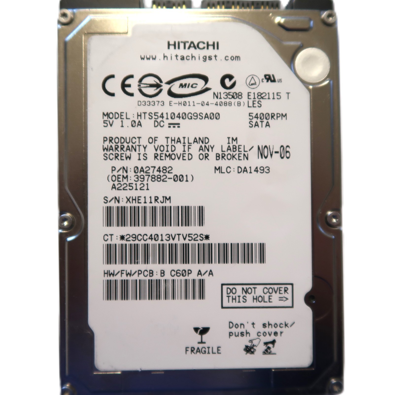 Hitachi HTS541040G9SA00 DA1493 0A27482 (XHE) Thailand 2.5" 40gb Sata HDD NOV-06