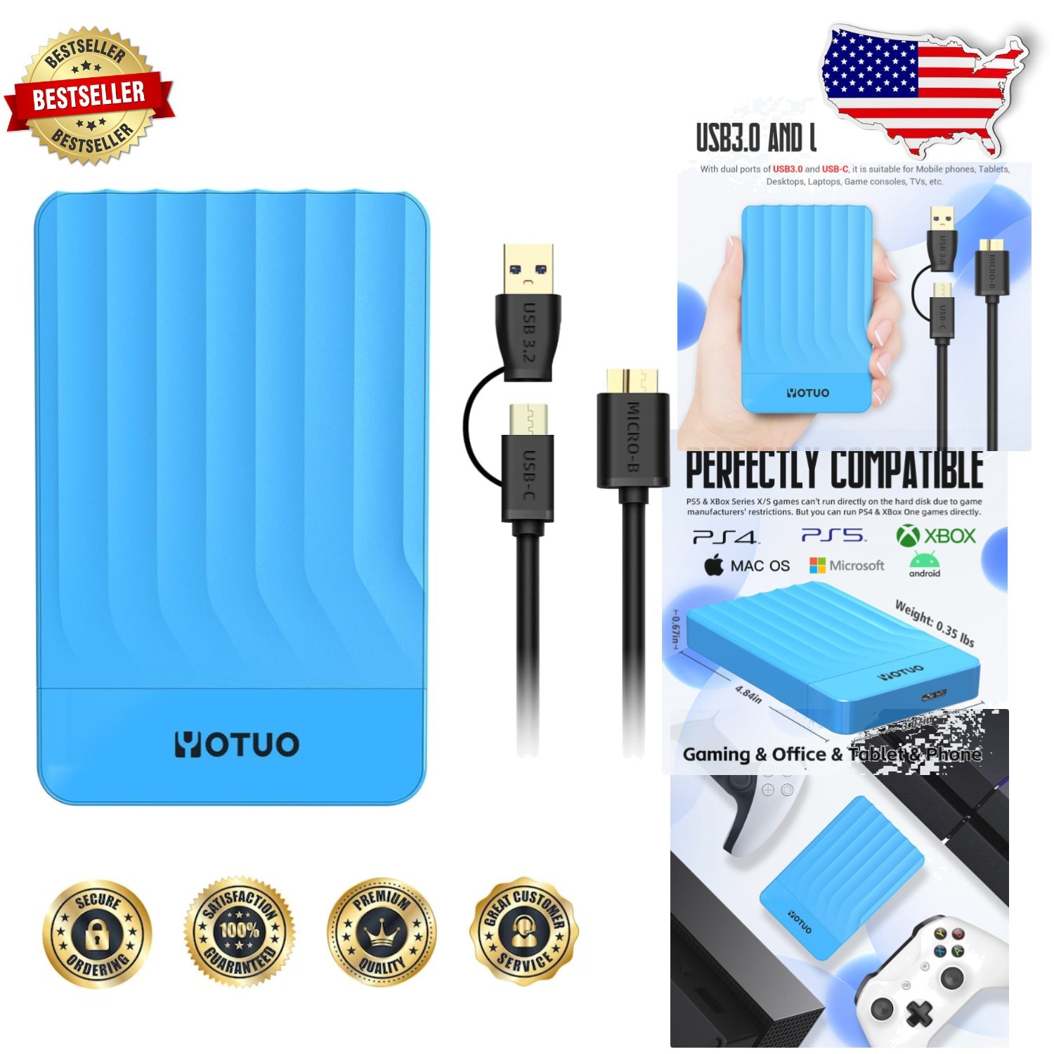 Fast 750GB USB 3.0 External HDD - Shockproof, PC/Mac/Console Data Expansion