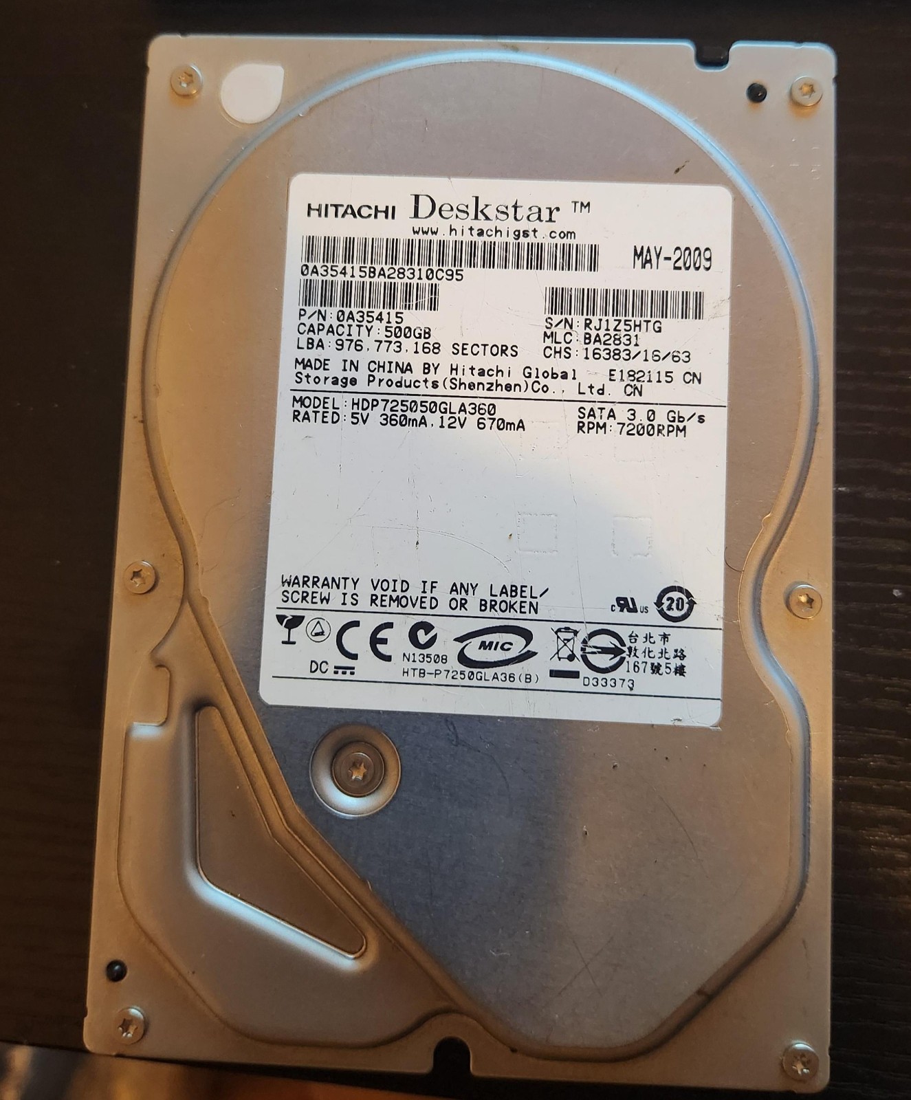 Hitachi UltraStar 500GB, internal, 7200RPM, 3.5"(HDP725050GLA360)  0A3541 HD