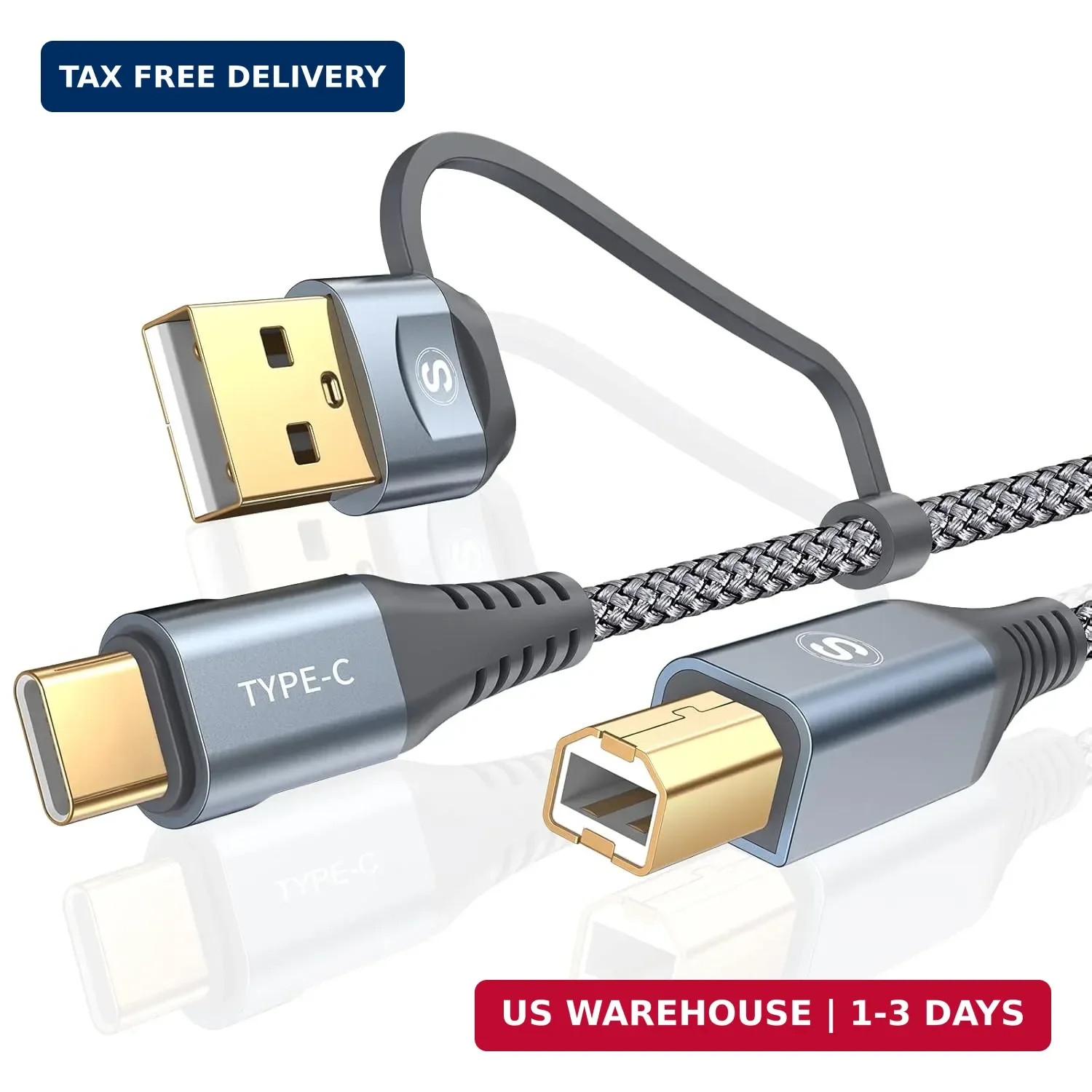 Printer Cable 2-in-1 USB-A/C to USB-B Cord 6.6FT, Type C MIDI Cable Braided High
