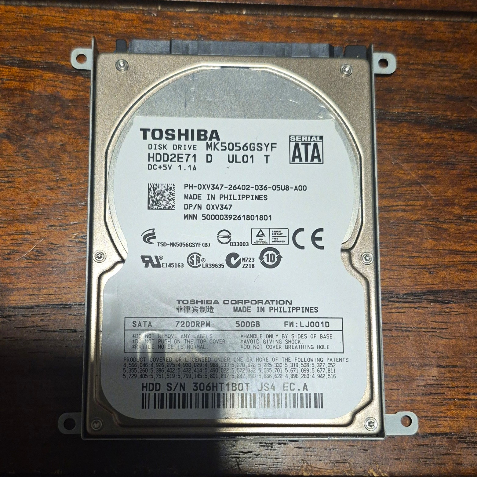 Toshiba MK5056GSYF 500GB 7200RPM 2.5in SATA Internal Hard Drive HDD