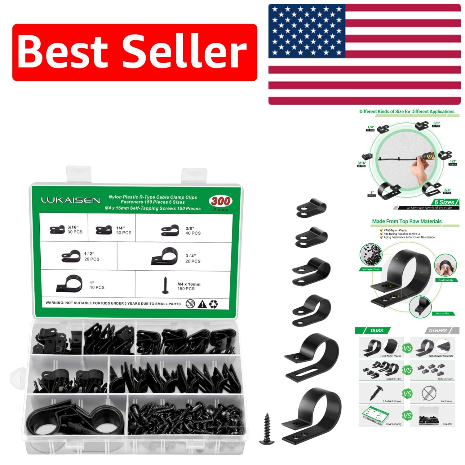 Complete Cable Fastener Kit: 300PCS Nylon Clips in 6 Sizes for Home and Office