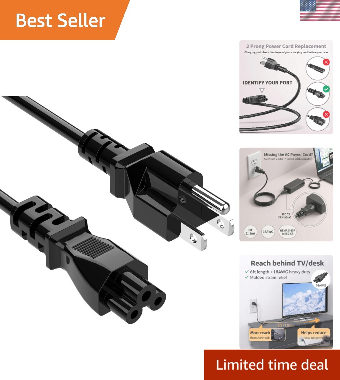 Sleek 6ft 3-Prong Laptop Power Cord - NEMA 5-15P to IEC C5 Compatibility