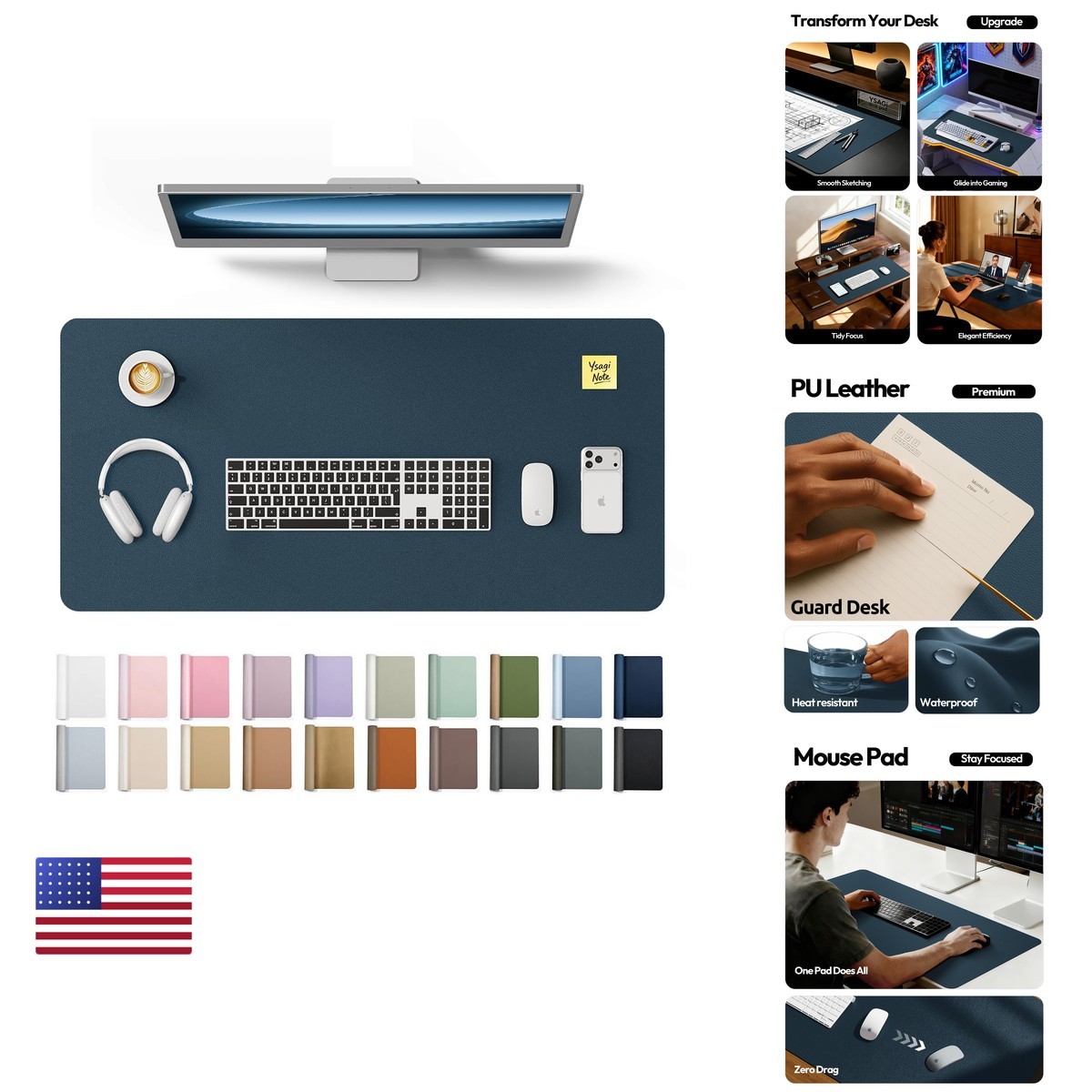 YSAGi Leather Desk Protector Mat, Dark Blue, 35.4" x 17" Non-Slip Waterproof