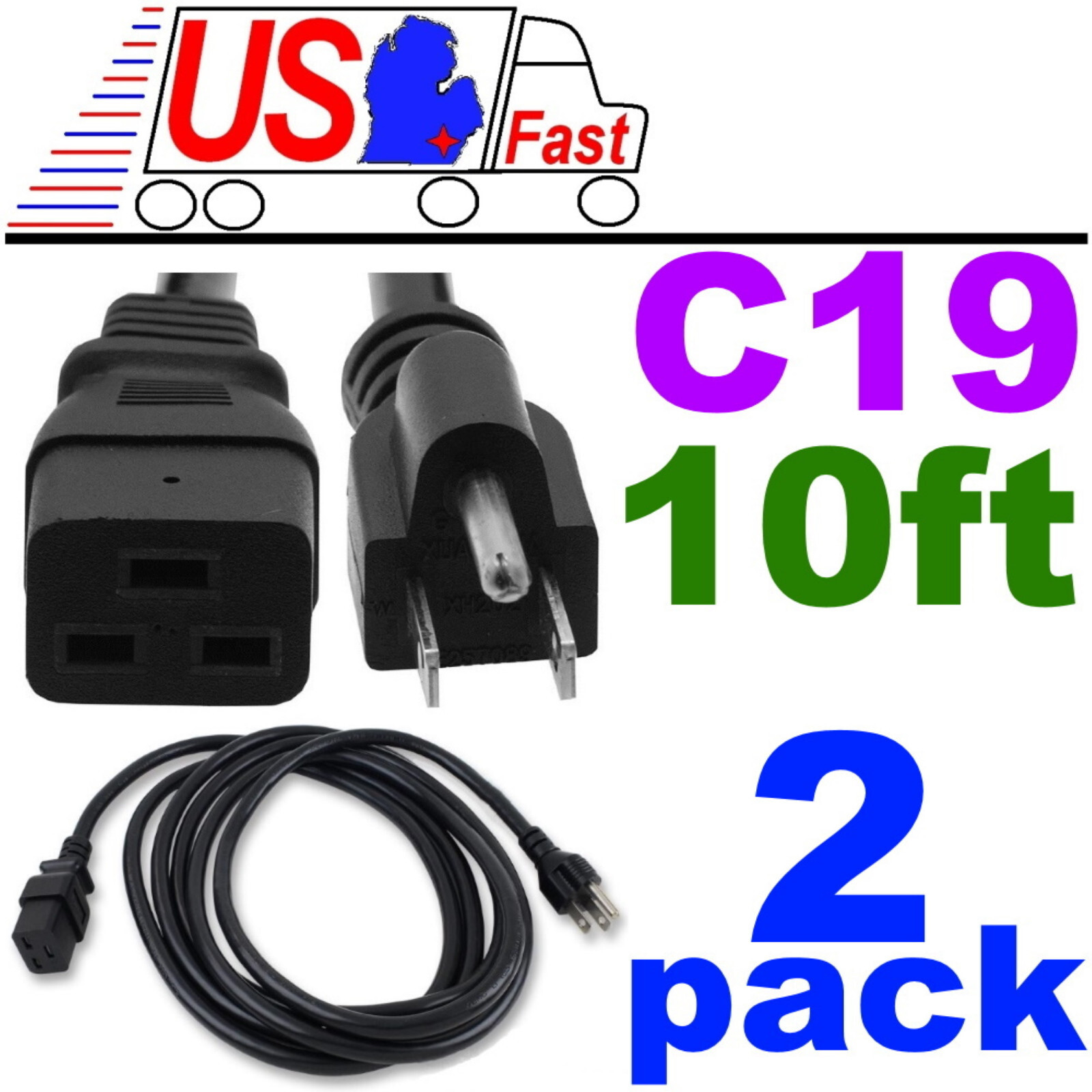 Lot2pk/pcs 10ft long C19~NEMA5-15P Server/PDU Power Cord/Cable/Wire 14awg 15A AC