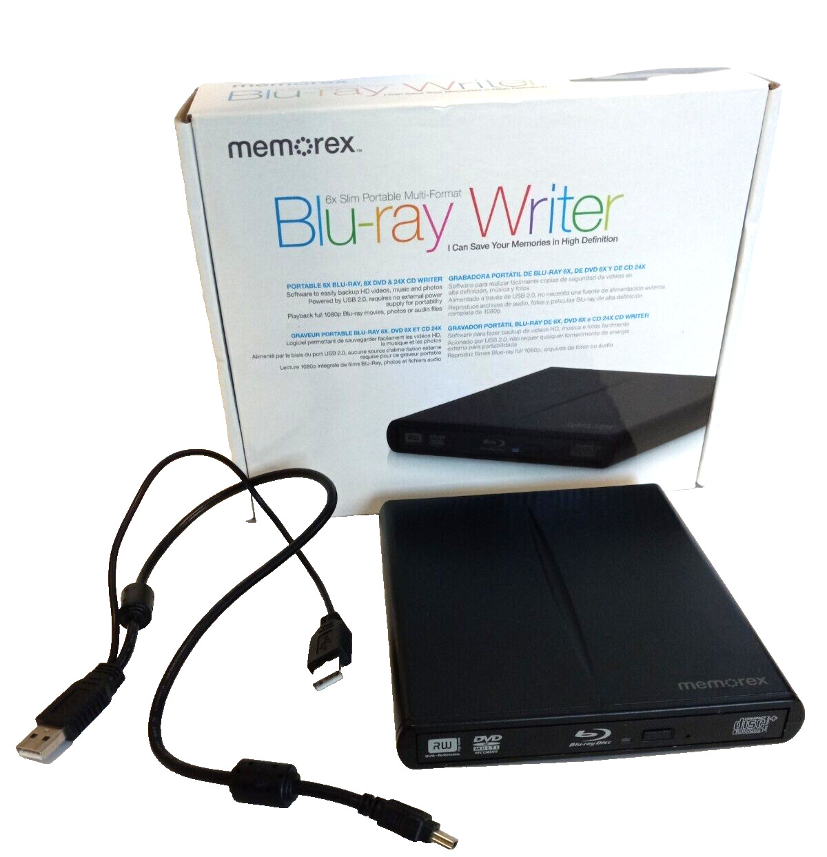 Memorex Blu-ray Burner BD/DVD/CD Writer 6X Slim Portable USB New Open Box
