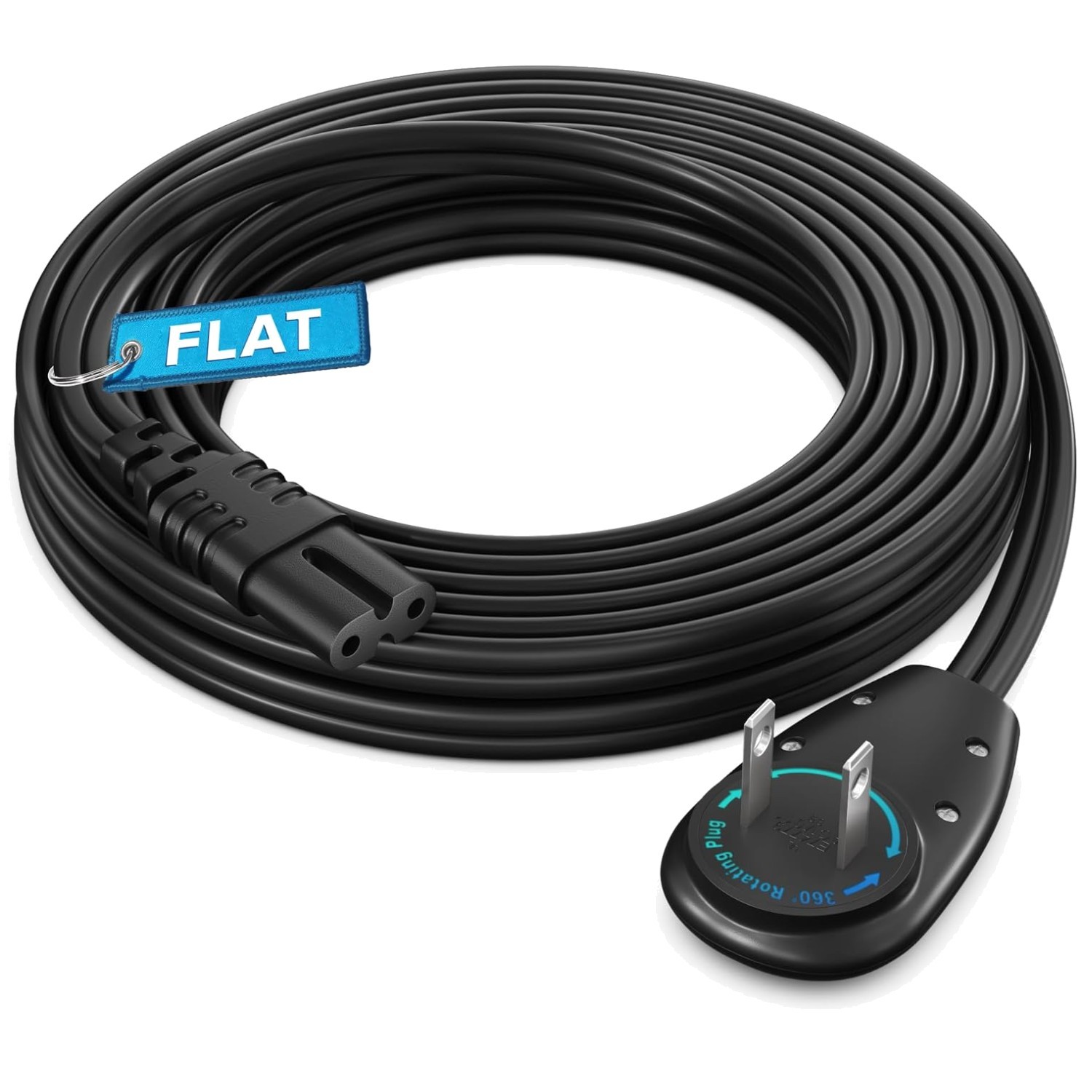 Flexible 360° Rotating Flat Plug TV Power Cord 12ft, Black