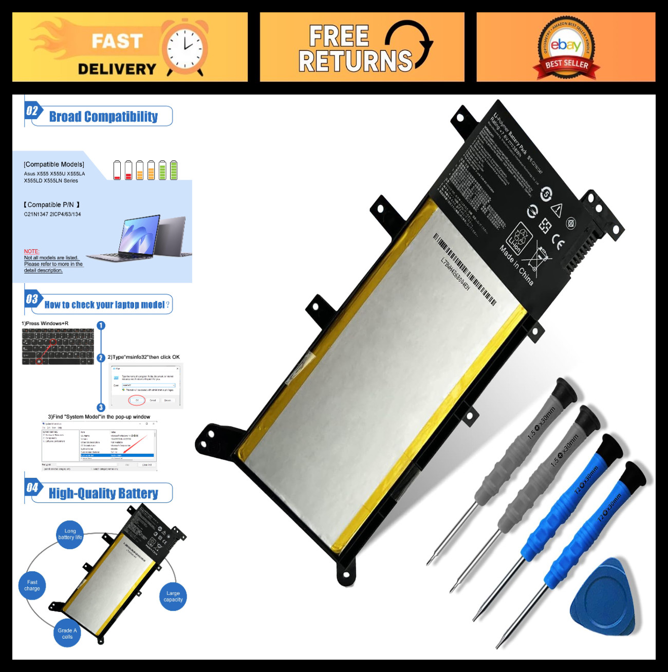 High-Capacity Replacement Battery for ASUS X555 Series 7.6V 38Wh - Compatible Mo