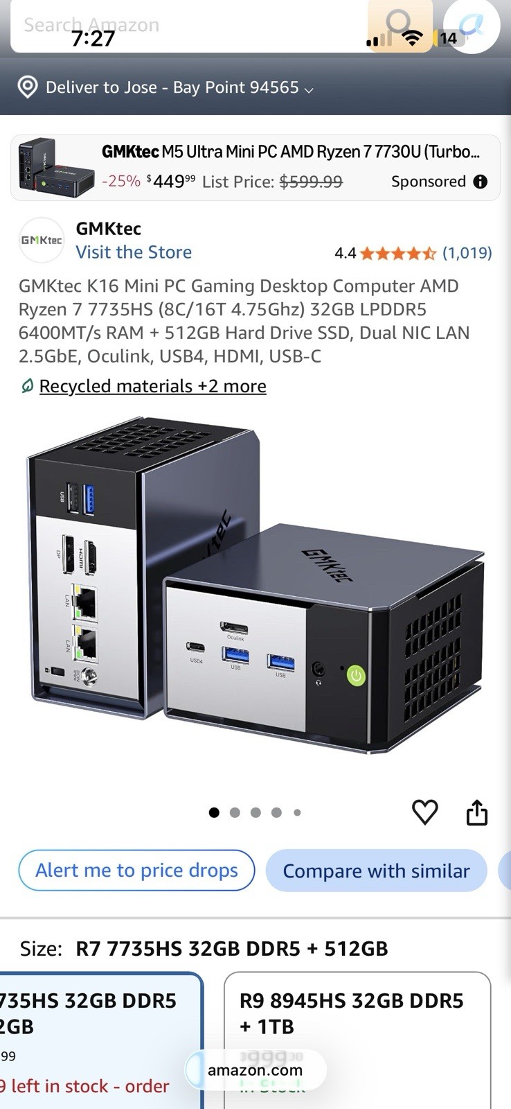 GMKtec K16 Mini PC Gaming Desktop Computer AMD Ryzen 7 7735HS 32Gb + 512Gb