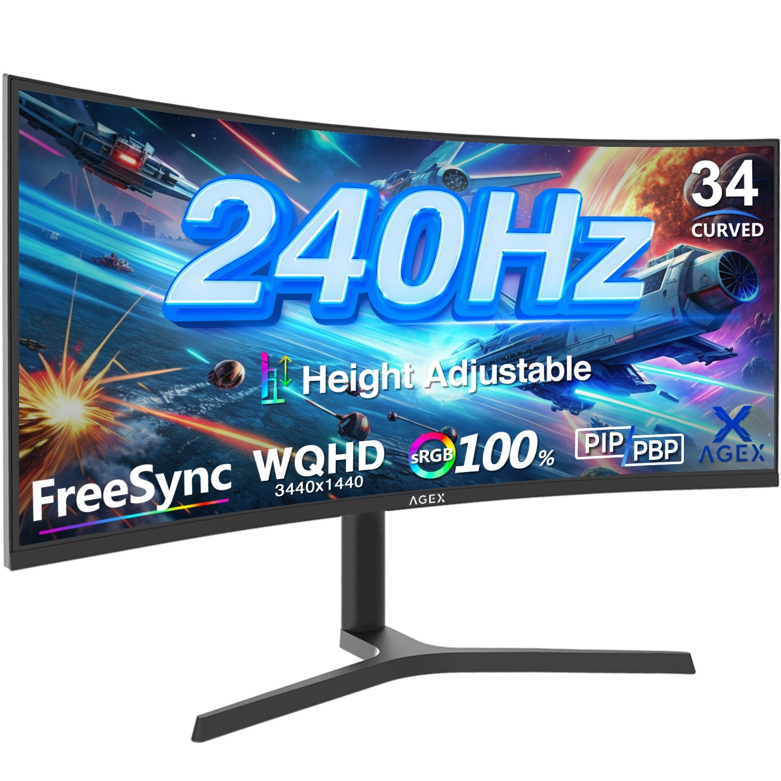 AGEX 34" WQHD 3440x1440 240Hz 1ms Curved Gaming Monitor, with Adjustable Stand