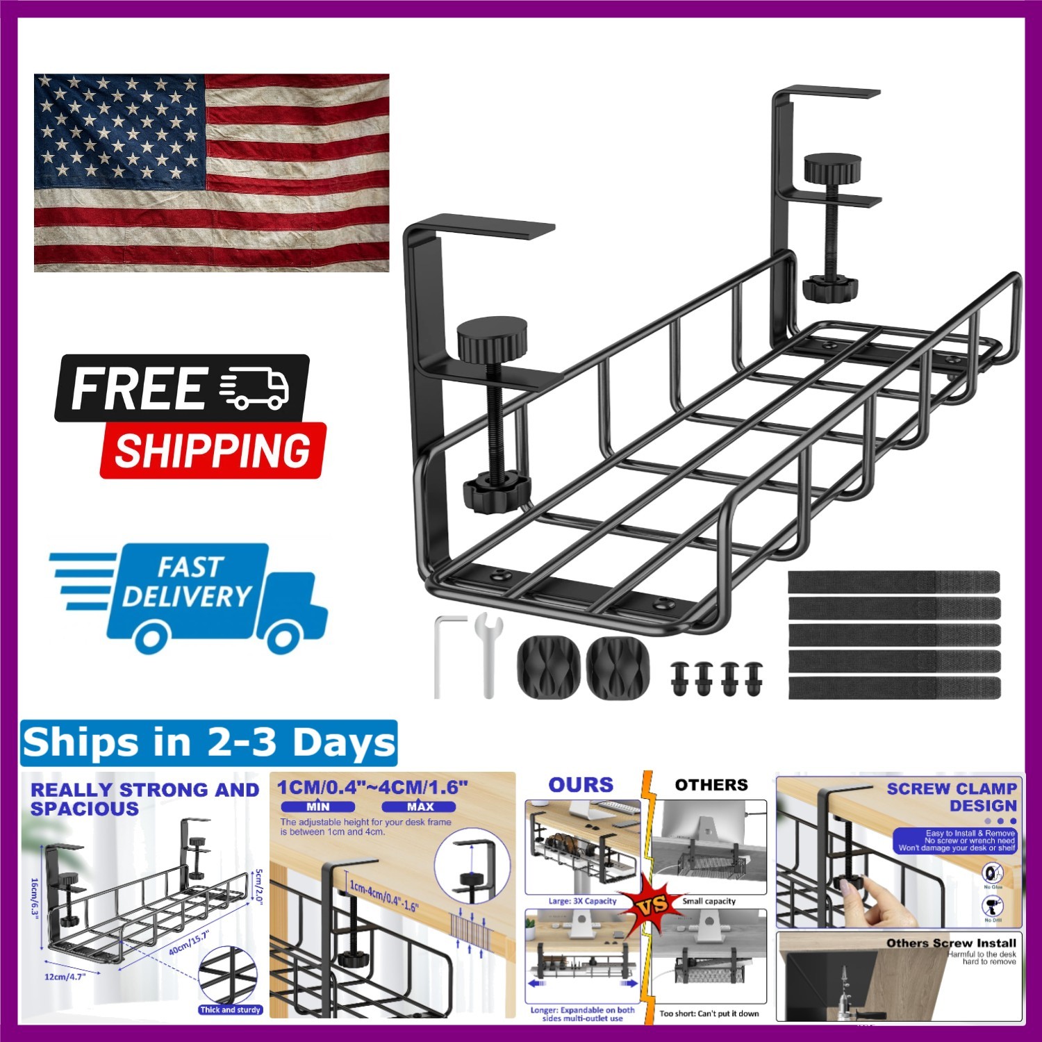 No Drill Under Desk Cable Management Tray - Heavy Duty Black Steel 15.7"