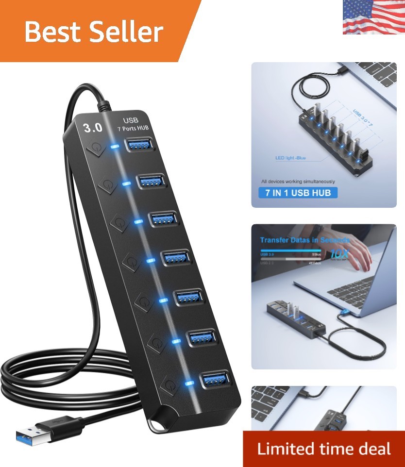 Effortless USB Connectivity - 7 Port Hub with Individual Lights and Fast Speed