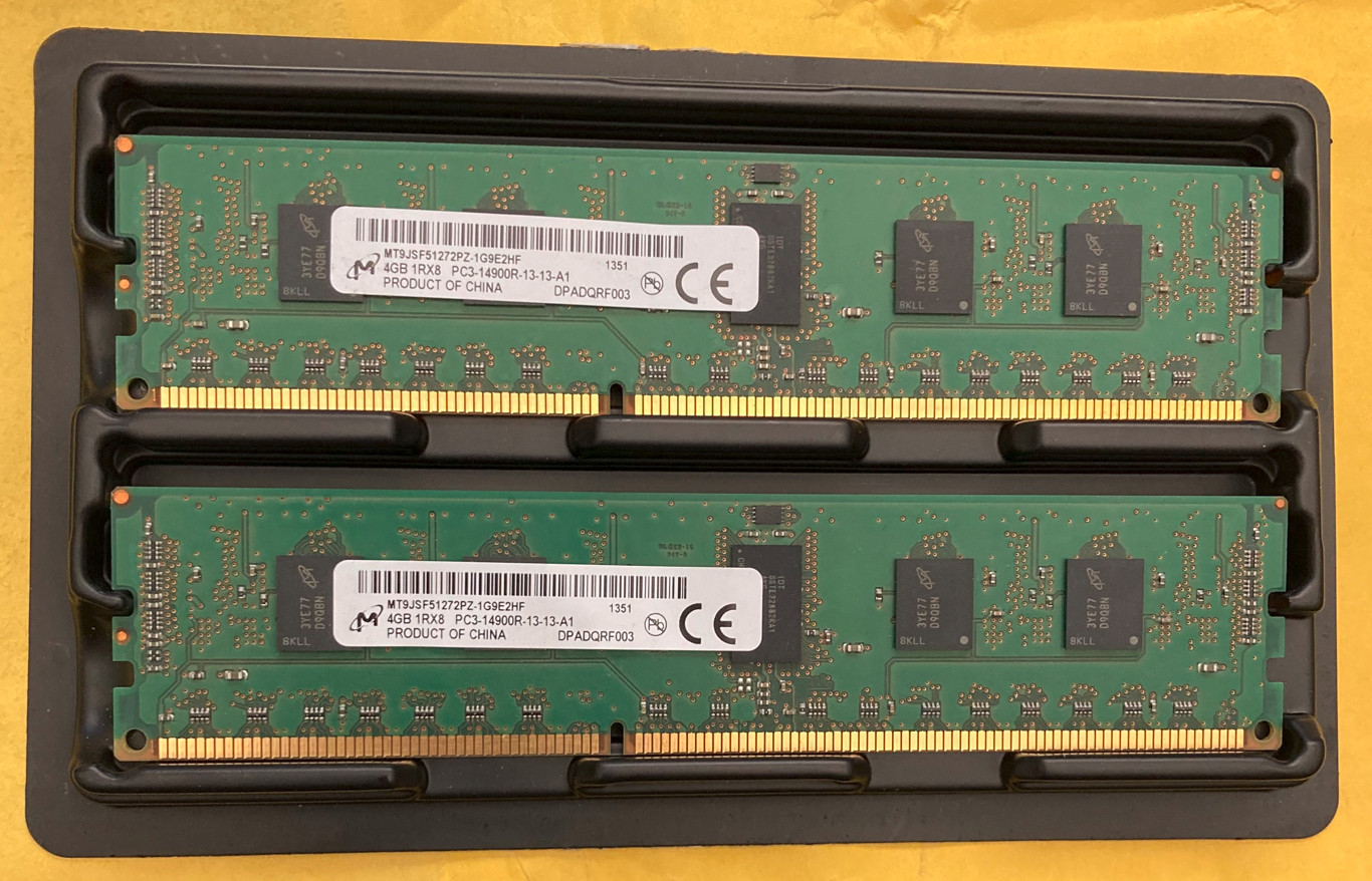 8G [Lot of 2] Micron 4GB 1RX8 PC3 -14900R ECC Memory, MT9JSF51272PZ-1G9E2HF